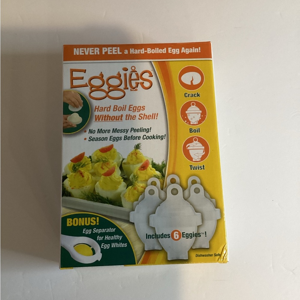 New Eggies 6 Pack Egg Cooker-hard Boiled Eggs Without Shell W/Eg White Separator